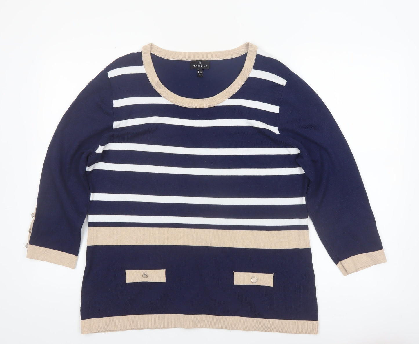 Marble Women’s Blue Striped Lightweight Knit 3/4 Sleeve Pullover Jumper Size 14