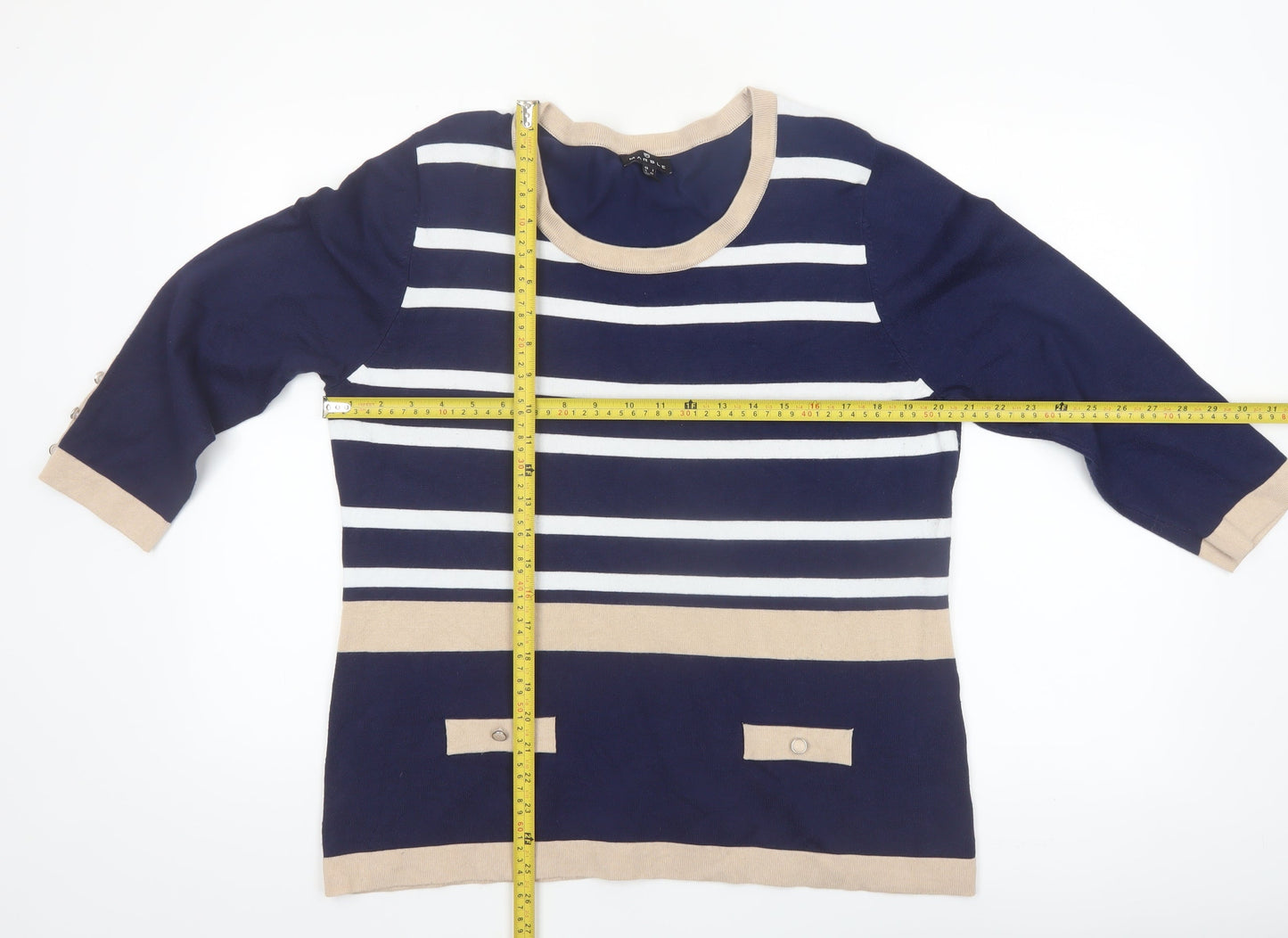 Marble Women’s Blue Striped Lightweight Knit 3/4 Sleeve Pullover Jumper Size 14