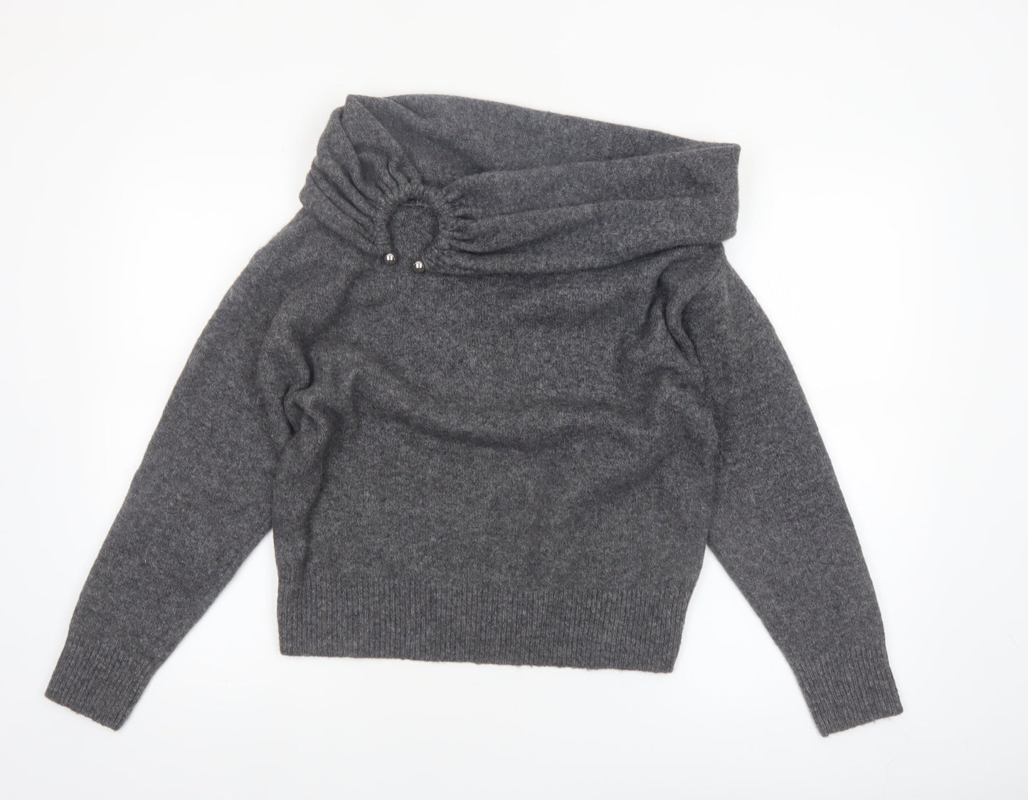 ZARA Women Grey Cowl Neck Beaded Knit Jumper Size S