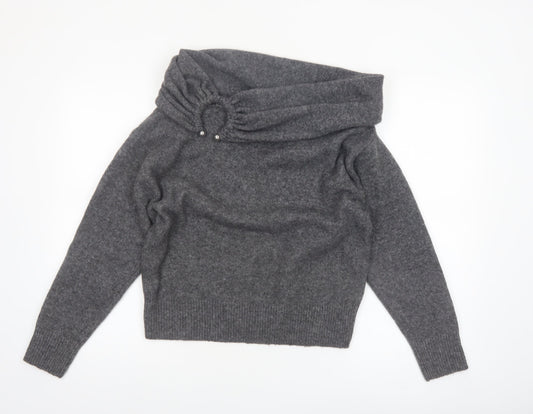 ZARA Women Grey Cowl Neck Beaded Knit Jumper Size S