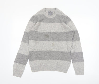 Marks and Spencer Men's Grey Striped Lambswool Crew Neck Jumper XS