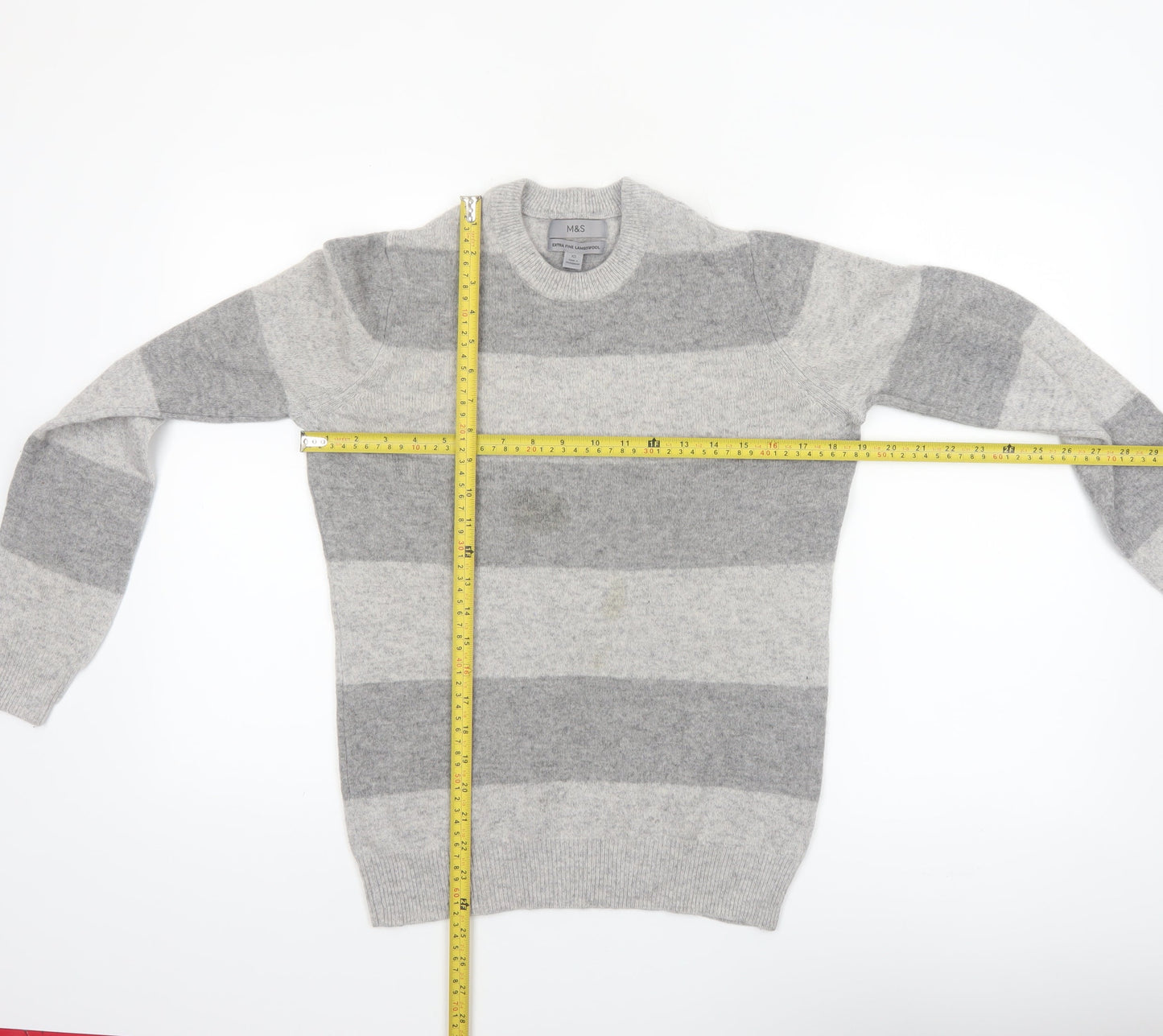 Marks and Spencer Men's Grey Striped Lambswool Crew Neck Jumper XS