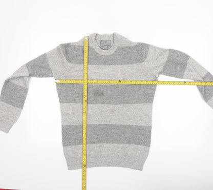 Marks and Spencer Men's Grey Striped Lambswool Crew Neck Jumper XS
