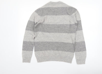 Marks and Spencer Men's Grey Striped Lambswool Crew Neck Jumper XS
