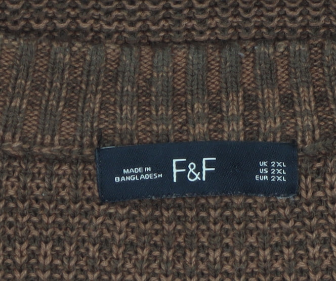 F&F Men's Brown 2XL Crew Neck Knit Cotton Acrylic Jumper