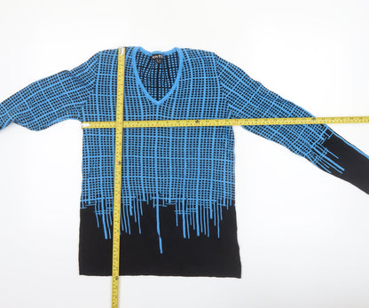 Marble Womens Blue Geometric V-Neck Long Sleeve Cotton Jumper XS