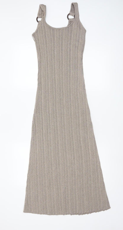 River Island Women’s Beige Ribbed Knit Midi Slip Dress Size 14