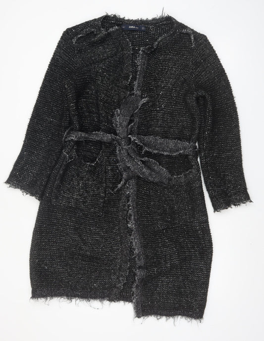 Zara Women Black Belted Knit Cardigan Size 10 Long Sleeve