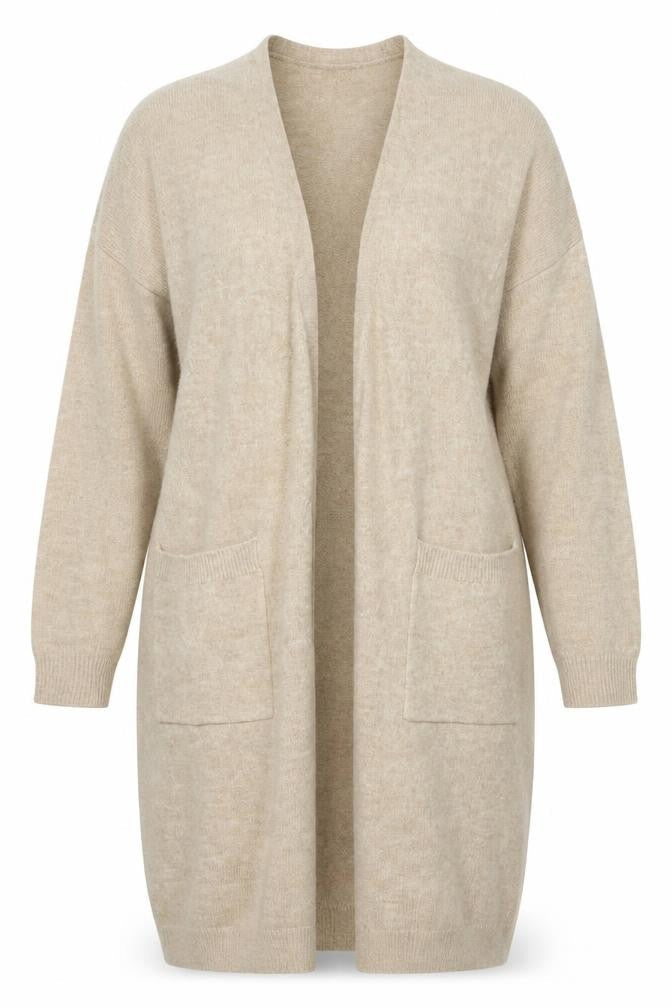 Y.A.S Women Beige Long Knit Cardigan L Open Front Pockets Relaxed Fit