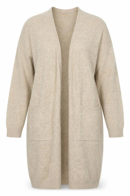 Y.A.S Women Beige Long Knit Cardigan L Open Front Pockets Relaxed Fit