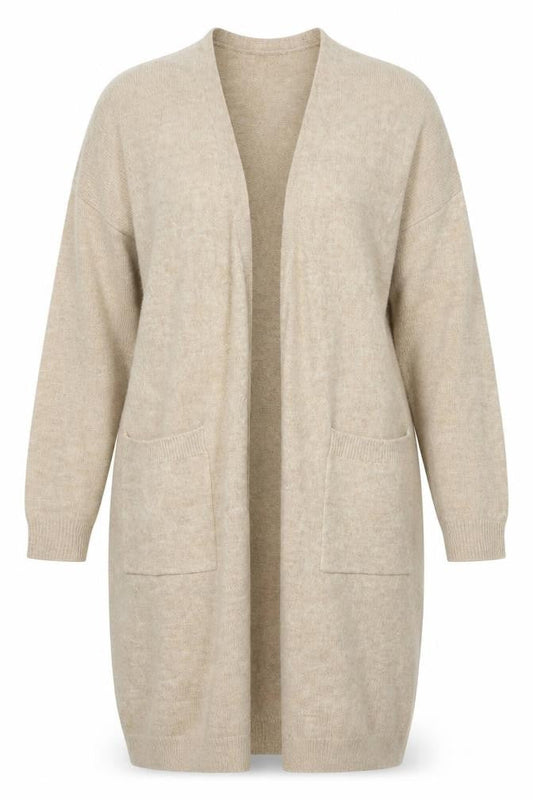Y.A.S Women Beige Long Knit Cardigan L Open Front Pockets Relaxed Fit