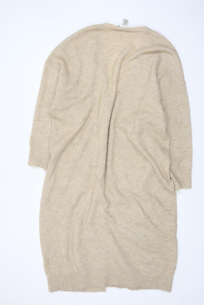 Y.A.S Women Beige Long Knit Cardigan L Open Front Pockets Relaxed Fit