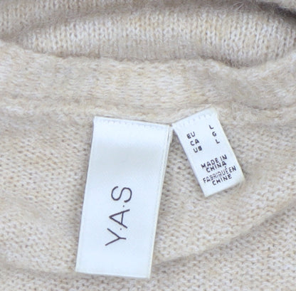 Y.A.S Women Beige Long Knit Cardigan L Open Front Pockets Relaxed Fit