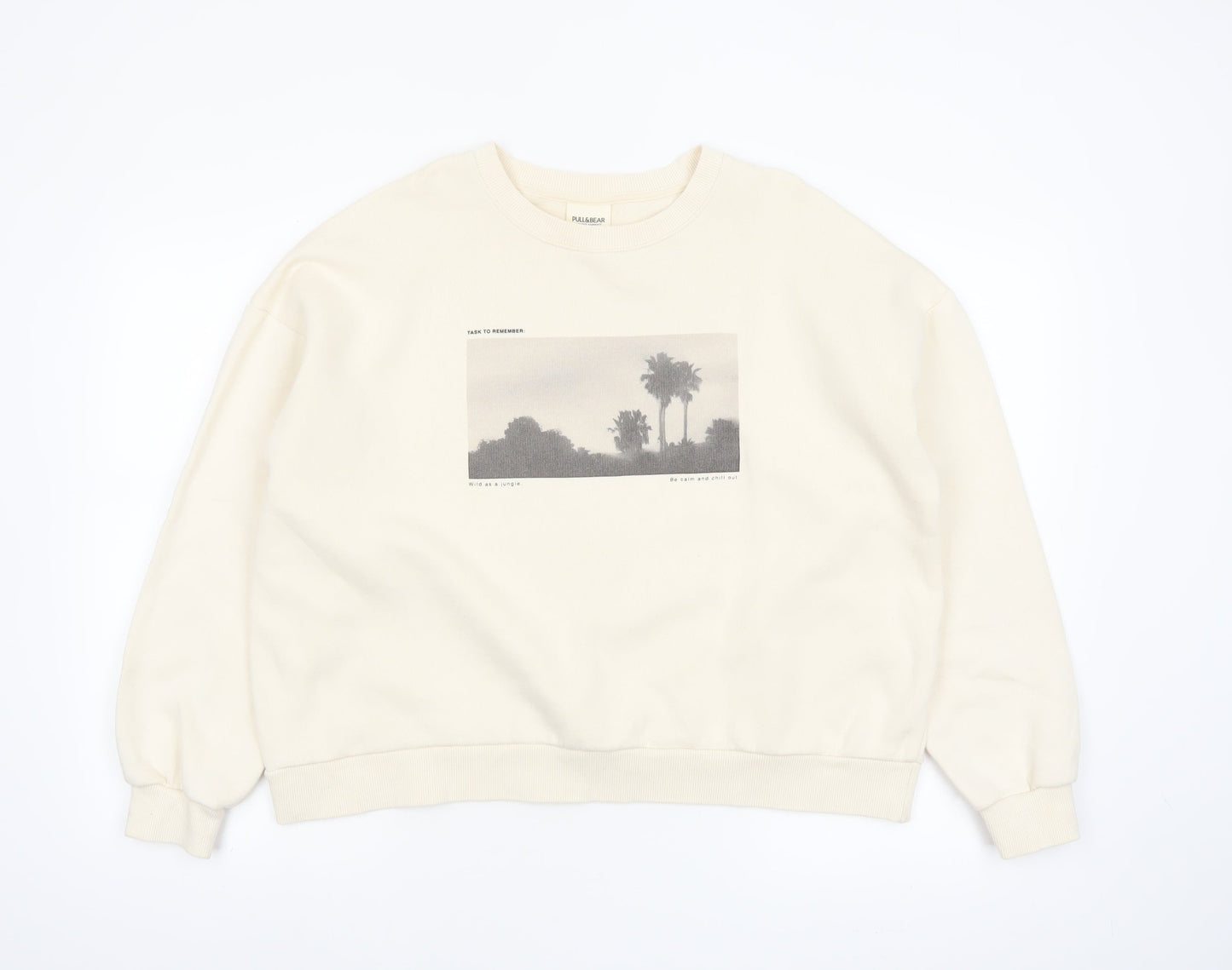 Pull&Bear Women Beige Graphic Print Pullover Sweatshirt Size S