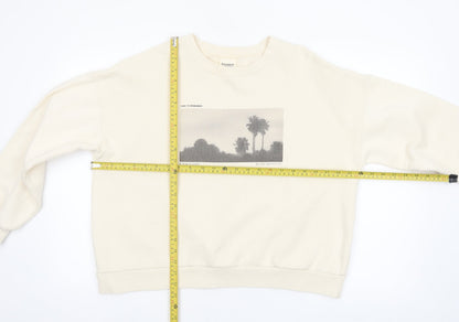 Pull&Bear Women Beige Graphic Print Pullover Sweatshirt Size S