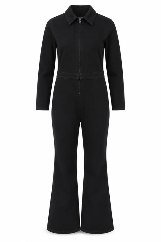 Front view of ASOS DESIGN Women's Black Cotton Blend Zip Front Long Sleeve Jumpsuit, size 4