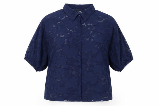 Front view of Only Carmakoma Women's Blue Sheer Floral Button-Up Blouse, size S