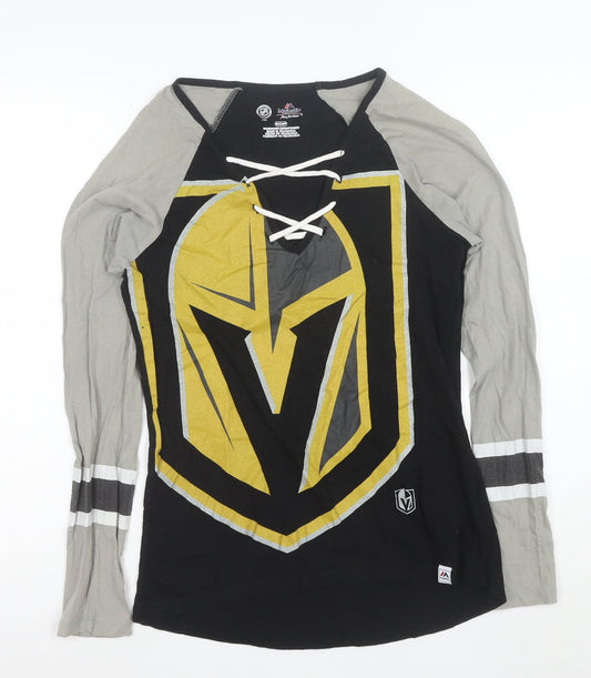Additional front view of Majestic unisex adults black nhl long sleeve v-neck sports t-shirt, size S