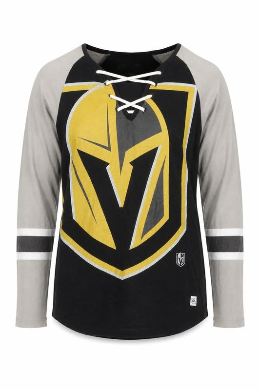 Front view of Majestic unisex adults black nhl long sleeve v-neck sports t-shirt, size S