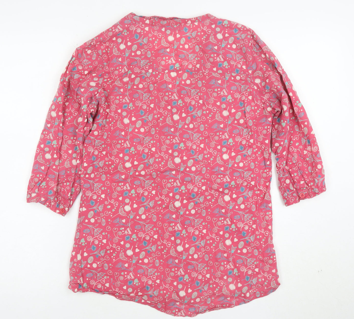 Pachamama Women’s Pink Floral Cotton 3/4 Sleeve V-Neck Tunic Blouse Size L