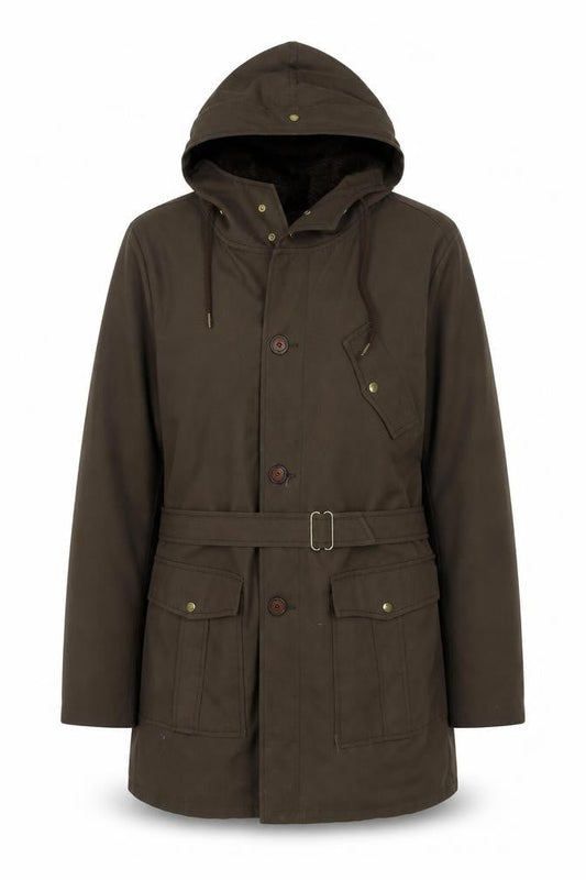 Ploucquet Womens Brown Hooded Belted Parka Jacket Size 14 Cotton Blend