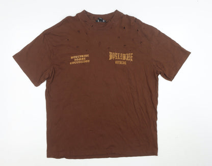 BoohooMAN Men's Brown Distressed Skull Graphic T-Shirt XS Cotton