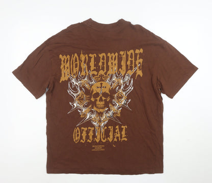 BoohooMAN Men's Brown Distressed Skull Graphic T-Shirt XS Cotton