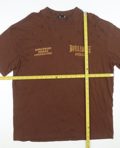 BoohooMAN Men's Brown Distressed Skull Graphic T-Shirt XS Cotton