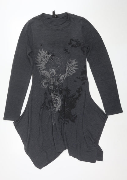 Izabel London Women's Grey Floral Swing Dress Size S Long Sleeve