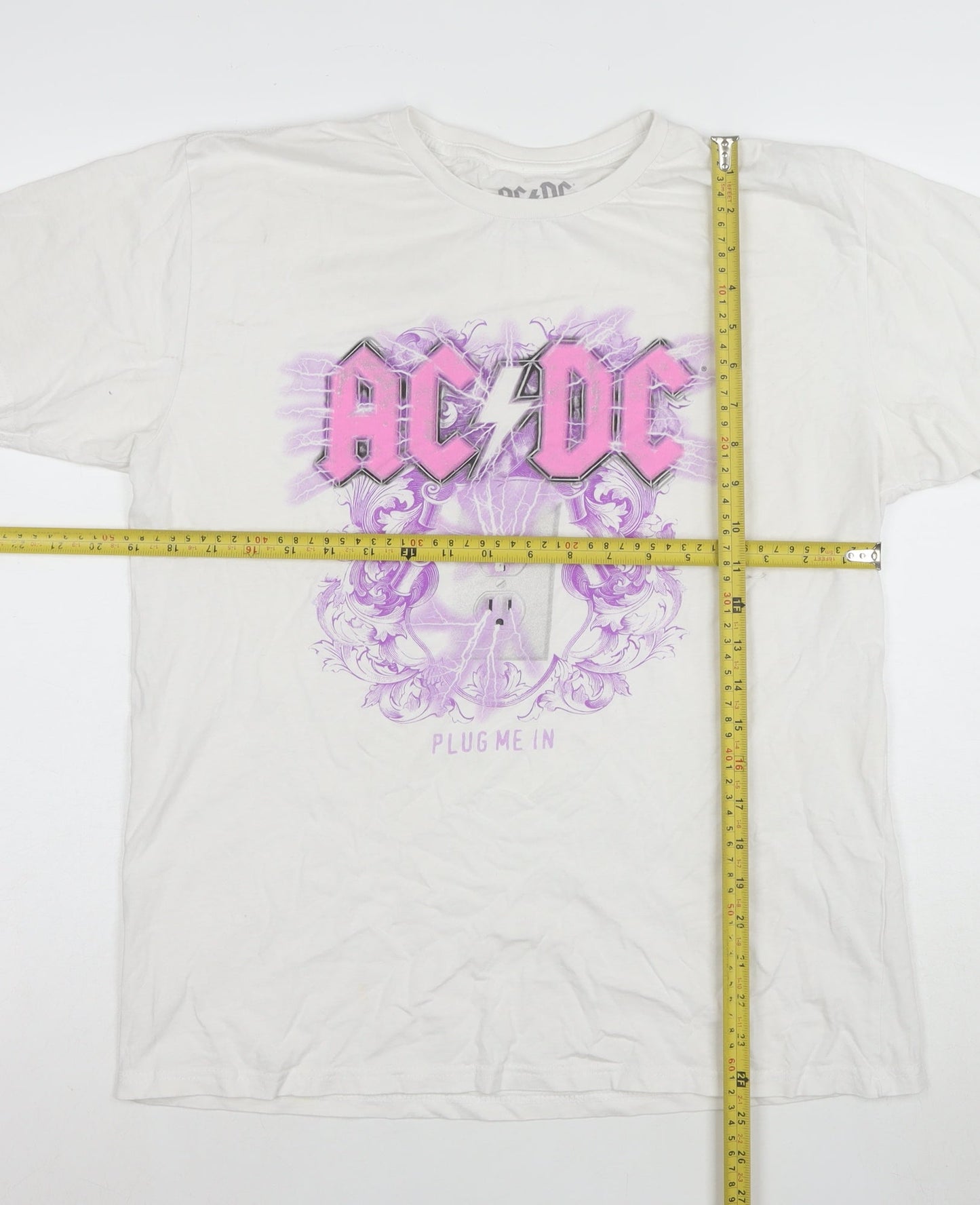 AC/DC Women's White Plug Me In Rock Band Cotton T-Shirt Size M