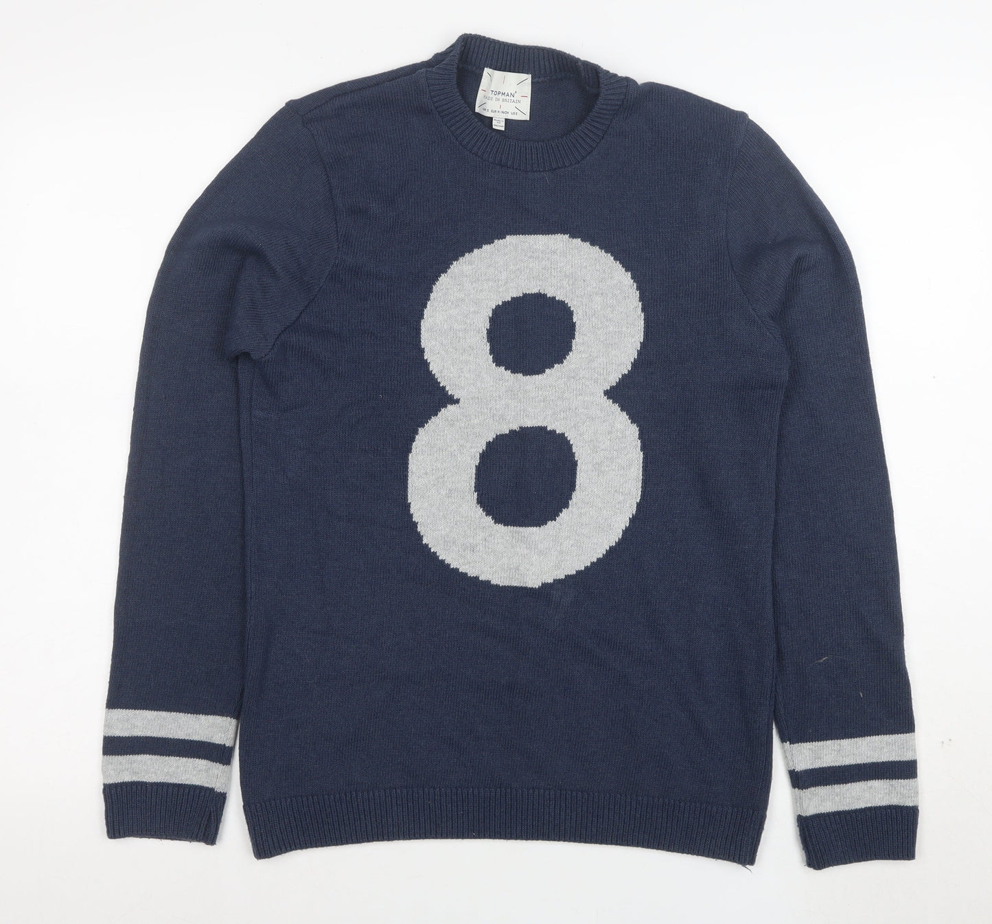 Topman Men Blue Size L Crew Neck Graphic 8 Pullover Jumper