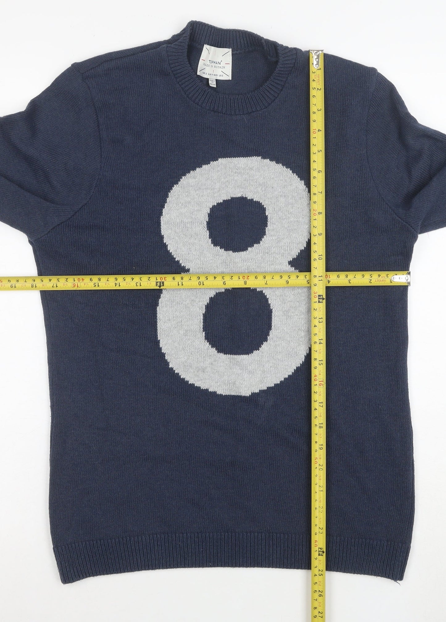 Topman Men Blue Size L Crew Neck Graphic 8 Pullover Jumper