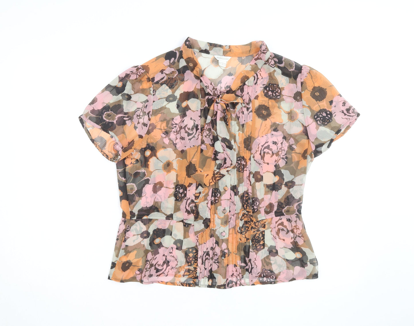Monsoon Women’s Multicoloured Floral Chiffon Tie Neck Blouse Size 16