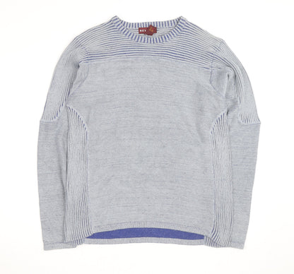 Nevada Men's Grey Cotton Crew Neck Striped Jumper M