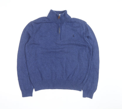 Ralph Lauren Men's Blue Wool High Neck 1/2 Zip Jumper Size L