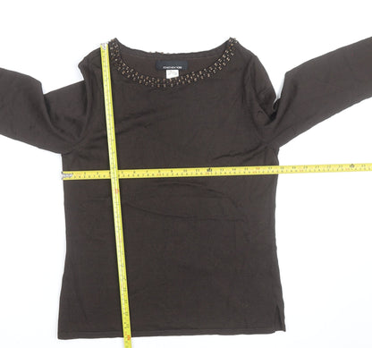 Jones New York Women’s Brown Beaded Boat Neck Long Sleeve Pullover Jumper Size M
