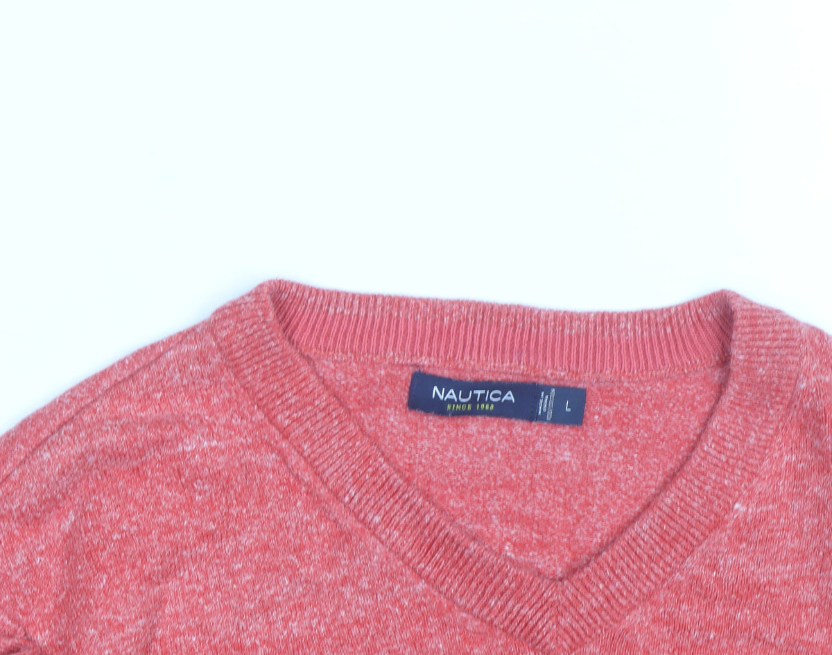 Nautica Men's Red V-Neck Knit Pullover Jumper Size L