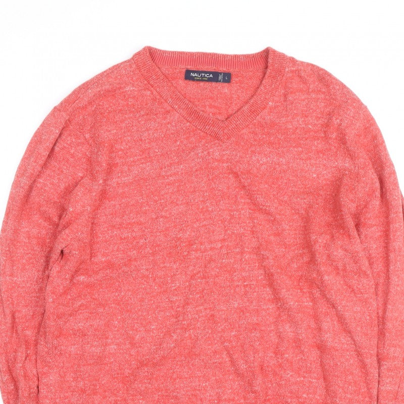 Nautica Men's Red V-Neck Knit Pullover Jumper Size L