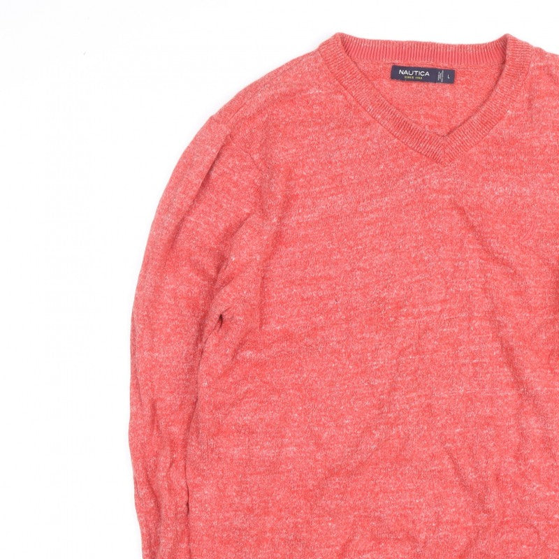 Nautica Men's Red V-Neck Knit Pullover Jumper Size L