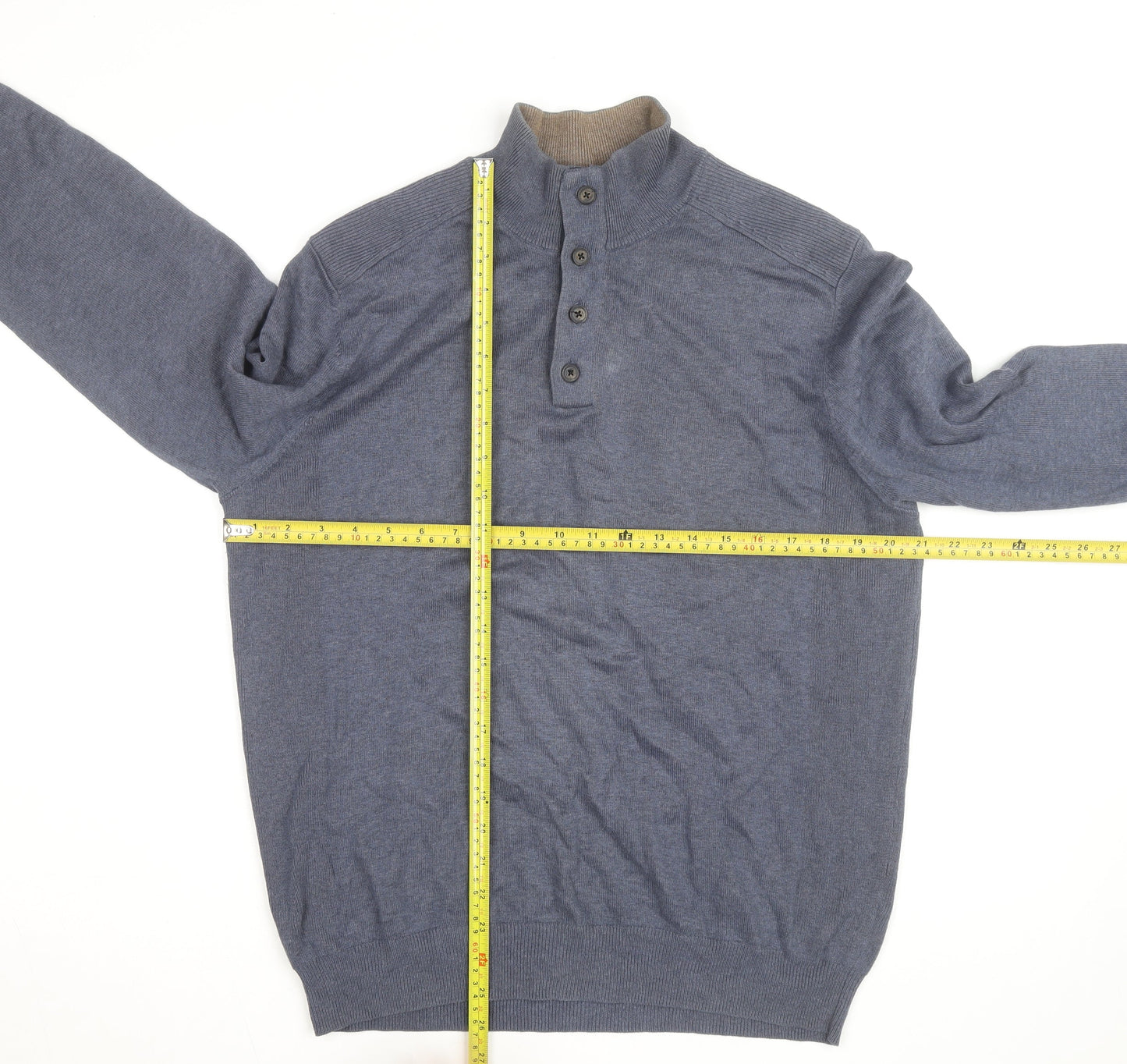 Massimo Dutti Men's Blue Henley Jumper Size L Cotton Cashmere
