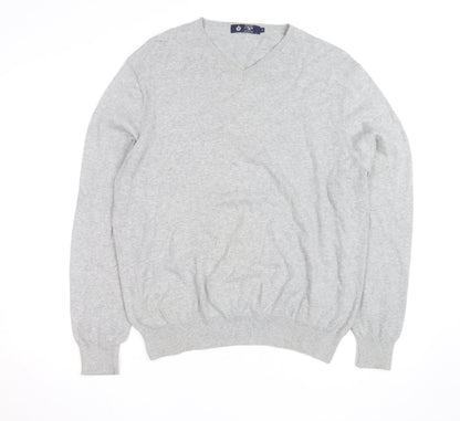 J.Crew Mens Grey Cotton V-Neck Jumper XL Classic Knit Pullover