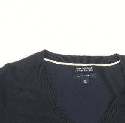 Tommy Hilfiger Men's Blue V-Neck Cotton Pullover Jumper L
