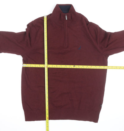 Nautica Men's Red 1/4 Zip Cotton Jumper L High Neck Knitwear