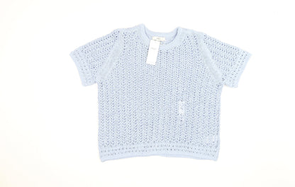 Marks and Spencer Women’s Blue Open Knit Cotton Acrylic Short Sleeve Jumper L