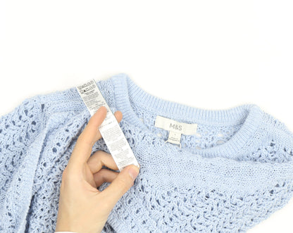 Marks and Spencer Women’s Blue Open Knit Cotton Acrylic Short Sleeve Jumper L