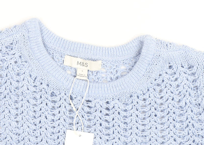 Marks and Spencer Women’s Blue Open Knit Cotton Acrylic Short Sleeve Jumper L