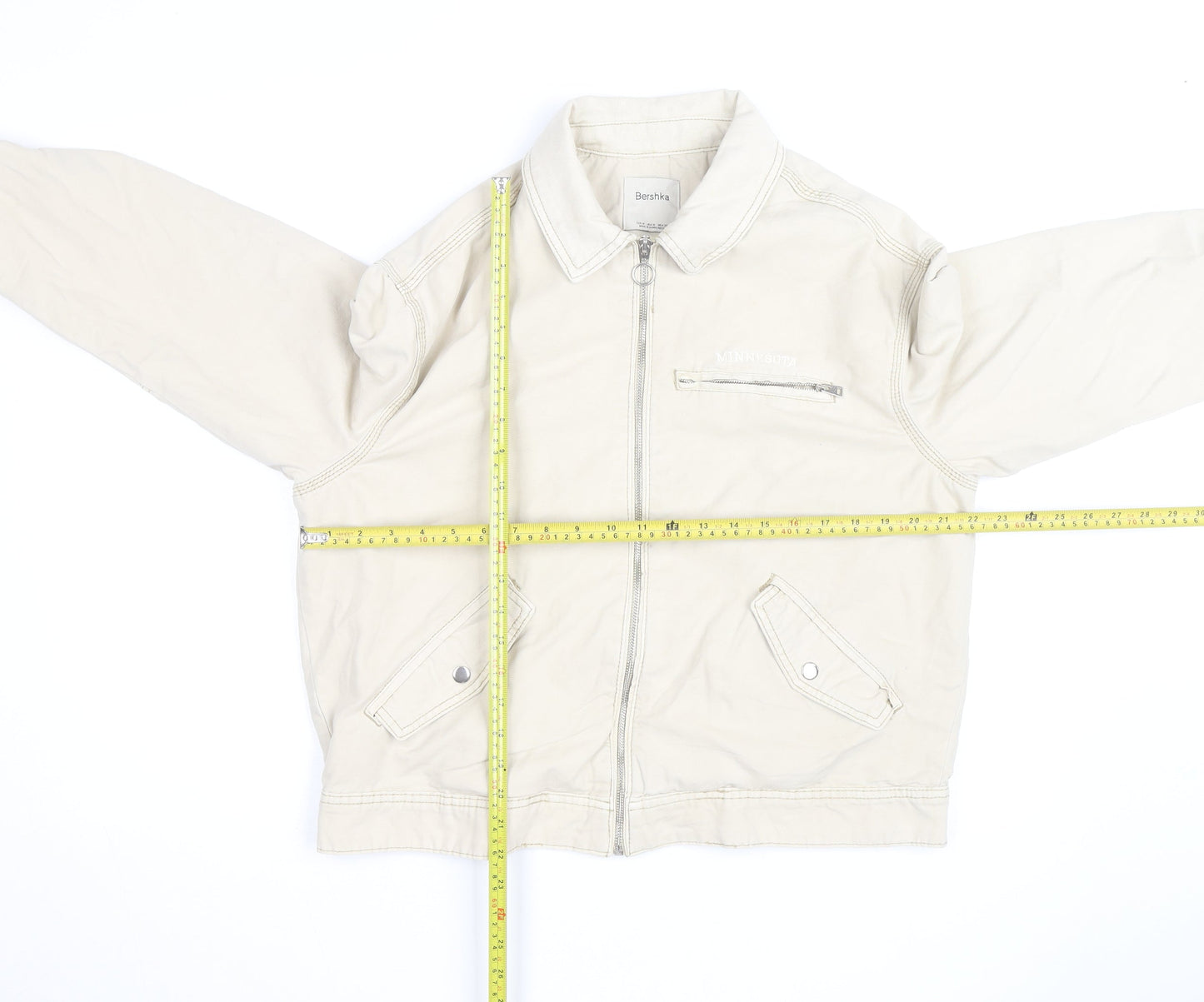 Bershka Men's Beige Cotton Bomber Jacket Size M Zip Pockets Casual