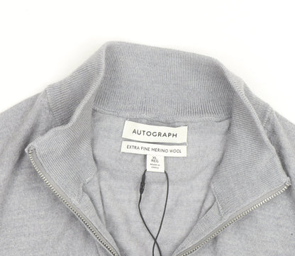 Marks and Spencer Men's Grey XL Merino Wool Half Zip Jumper