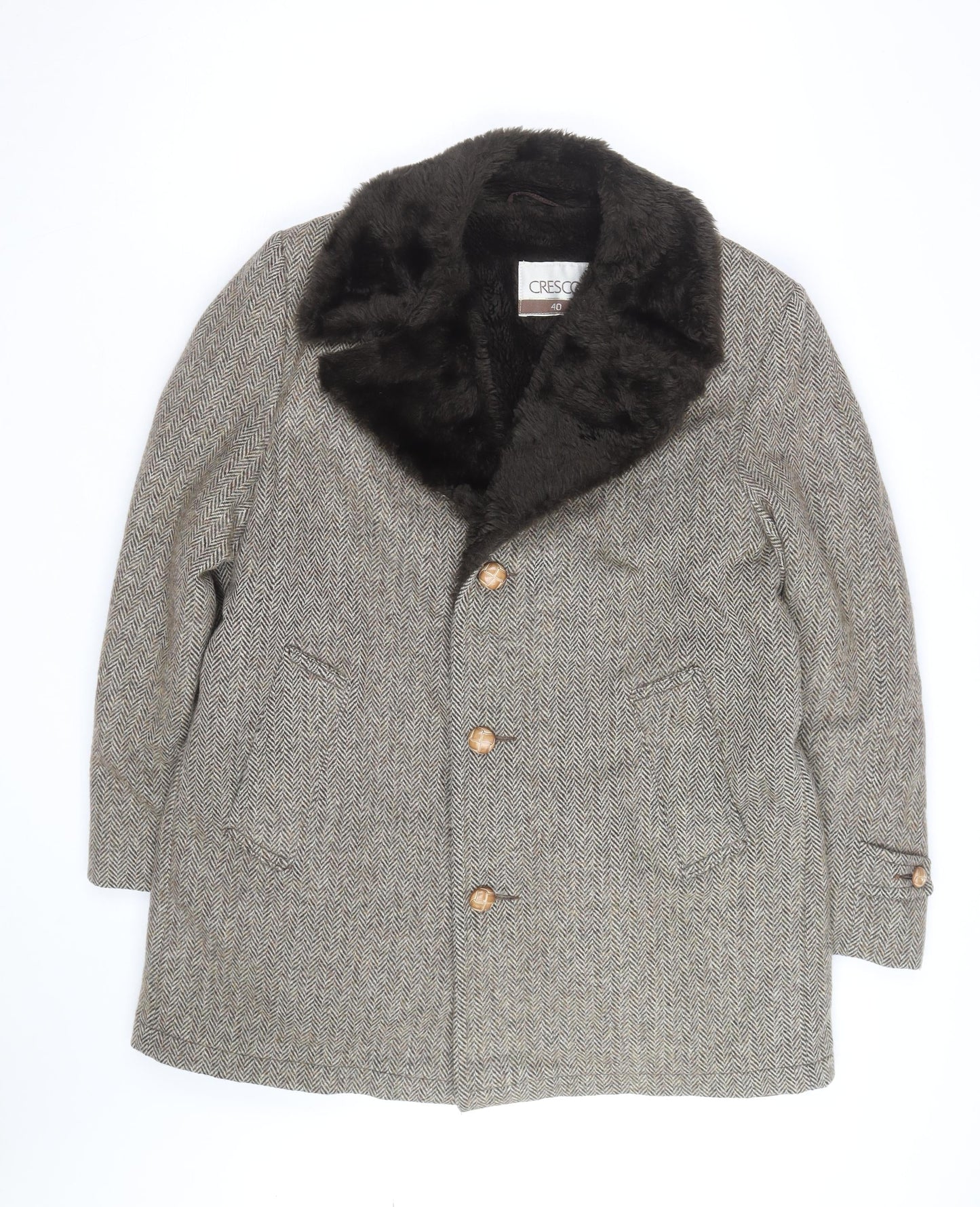 Cresco Men's Grey Wool Tweed Overcoat with Faux Fur Collar Size 40