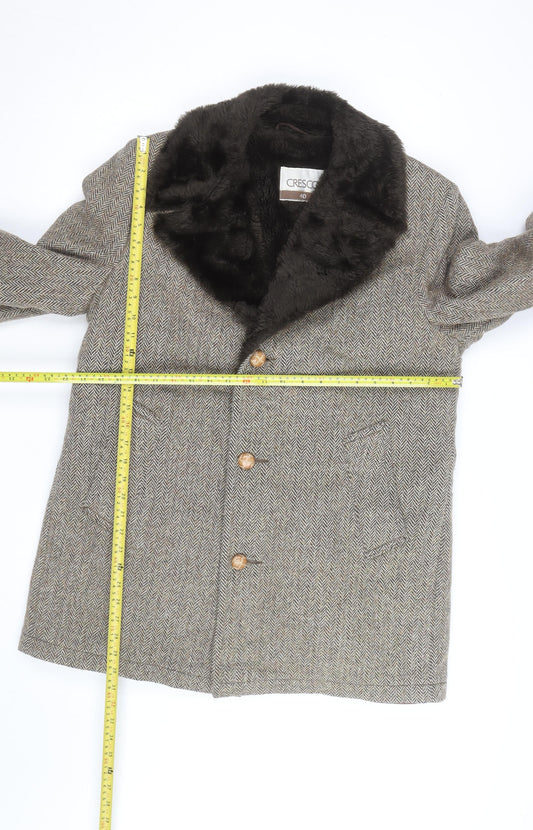 Cresco Men's Grey Wool Tweed Overcoat with Faux Fur Collar Size 40